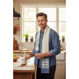 Life Is Better At The Lake Blue & Cream Cotton & Linen Kitchen Towel By DEMDACO